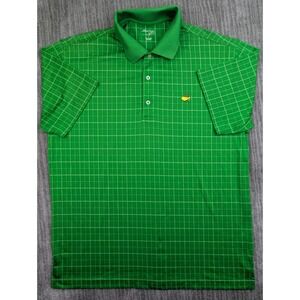 Masters Tech Mens Green White Plaid Polo Shirt Size Large Stretch Golf Logo